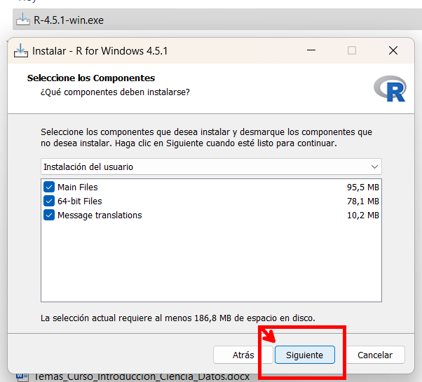 Paso a paso de la instalación de R (izquierda a derecha)