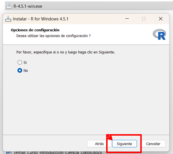Paso a paso de la instalación de R (izquierda a derecha)