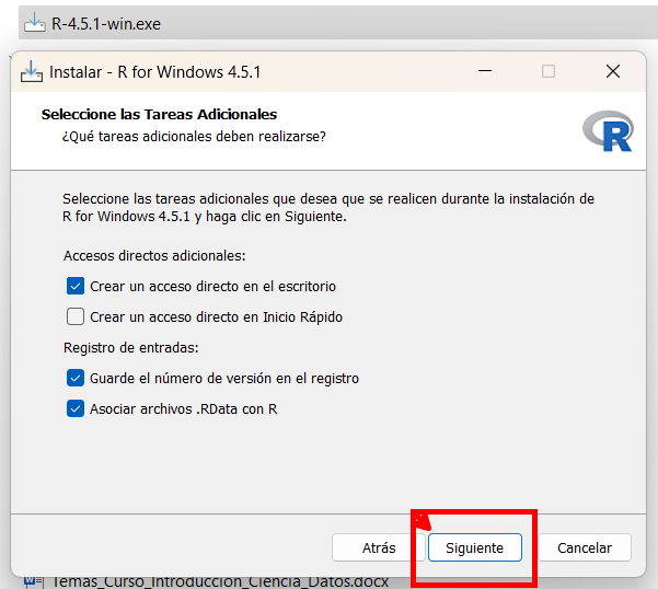 Paso a paso de la instalación de R (izquierda a derecha)